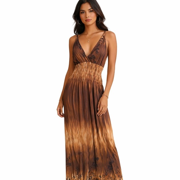 Unbranded Dresses & Skirts - Unbranded Brown Ombre Floral Smocked Waist V-Neck Maxi Dress XL Boho Sleeveless